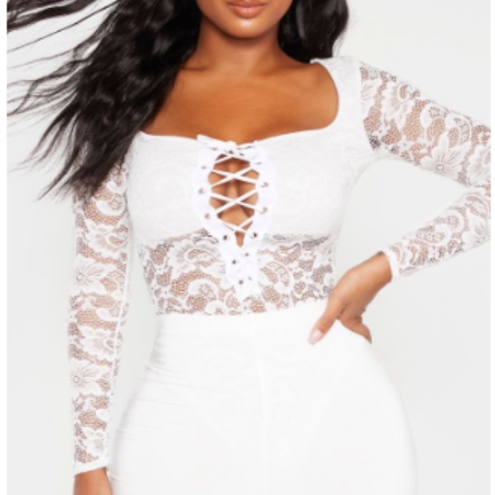 White lace long sleeve bodysuit with lace up front